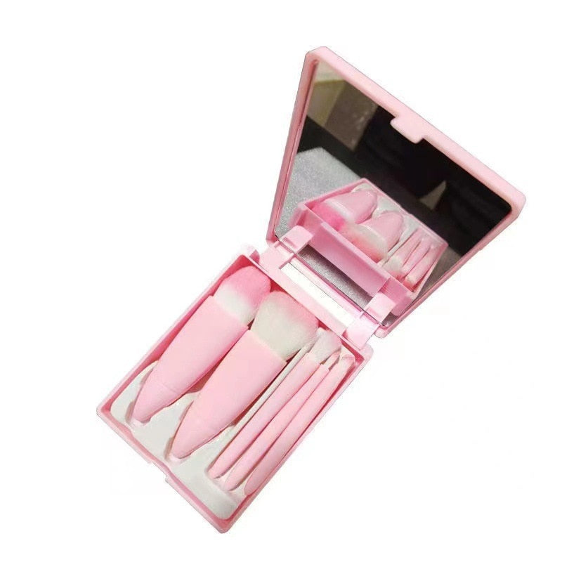 Mini Espelho Portátil Com 5 Pcs Pincéis De Maquiagem Rosa Dobrável